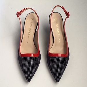 Peter Kaiser NWOT Size 9 Red Patent w/ Silver Dot Black Suede, Slingback Heels